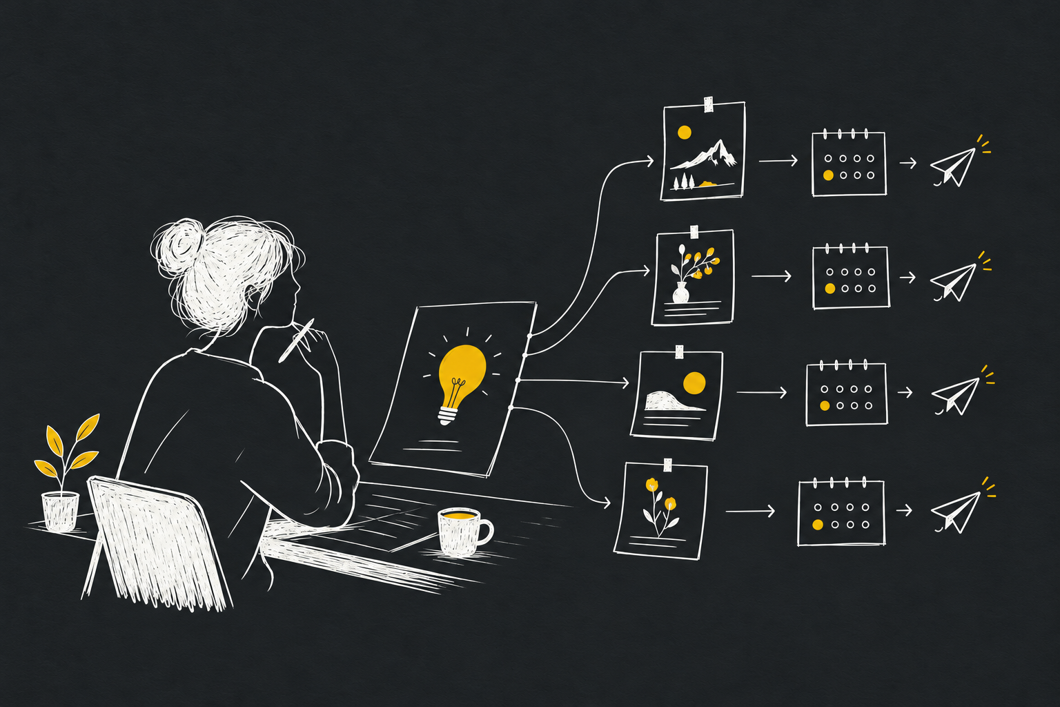 An ink illustration of a creator shaping one idea into a coordinated publishing flow