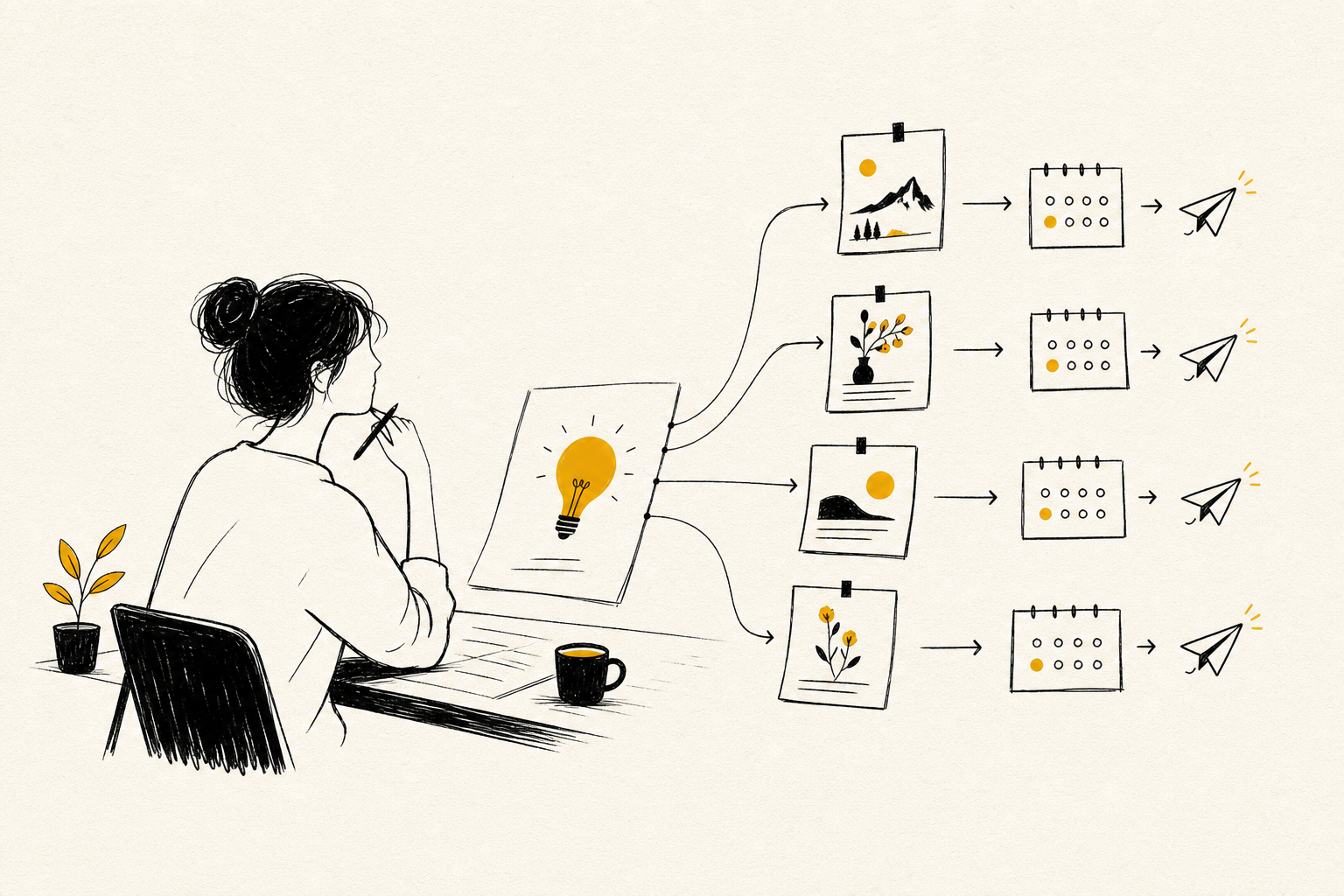 An ink illustration of a creator shaping one idea into a coordinated publishing flow